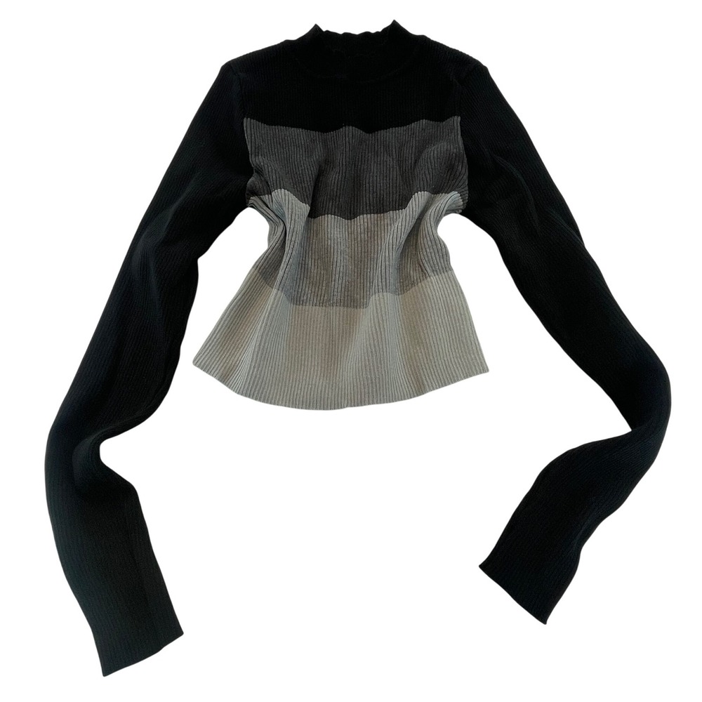 Shein E Black Gray Long Sleeve Crew Neck Knit Cropped‎ Top - Size M NEW